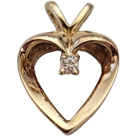 14K Yellow Gold Diamond Chip Open Heart Pendant E242 - Picture 1 of 14